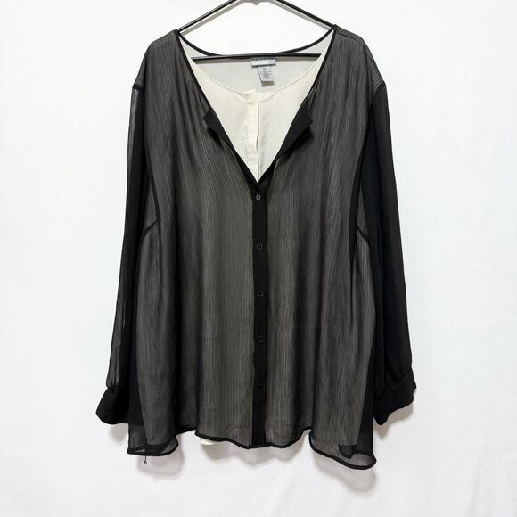 Catherines Blouse Womens Plus Size 4X Black Ivory Button Down Long Sleeve Top - Picture 1 of 10